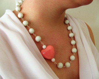 White necklace with pink heart. White and pink necklace. Romantic necklace.