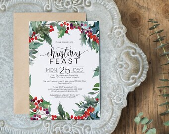 Christmas Invitation Printable, Rustic Berry Christmas InvitationTemplate, Instant Download Editable PDF, WLP499