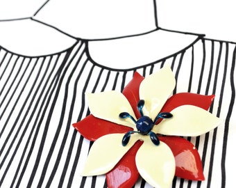 Vintage Enamel Flower Brooch - Red Blue Cream