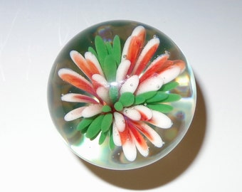 Glass Floral Marble, Implosion, Red and White - flamework, lampwork, borosilicate