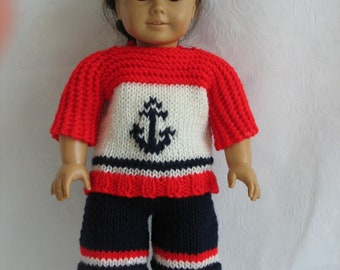 Hand-knitted Anchors Away outfit for American Girl and all 18" Dolls