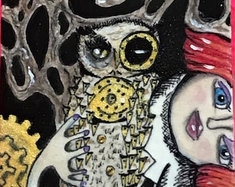 Steampunk Owl Girl ACEO ATC card original art