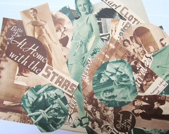 Vintage 1930s movie paper ephemera pack: 35 paper pictures, die cuts, clippings. Embellishments for altered art, collage, journals. EP892