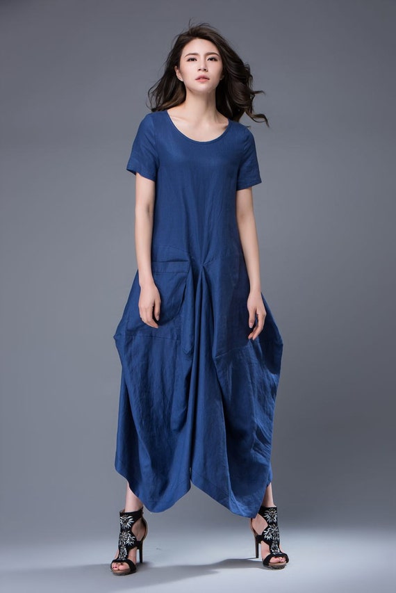 Blue Linen Dress Lagenlook Long Maxi Short-Sleeved