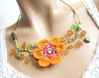Orange crochet Flower necklace