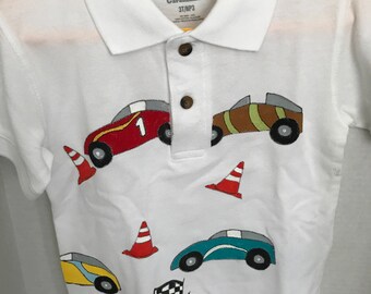 Little Boy Polo Shirt with handpainted Race cars
