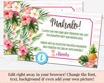Tropical Thank You, Luau Invitation, Aloha Template, Mahalo Postcard, Printable DIY, Instant Download, Birthday Invite, Templett Invitation