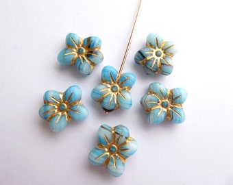 6 x 14x13mm Stripey Blue and Gold Puffy Daisy Flower Czech Glass Beads, Blue Flower Beads, Gold Flower Beads, Daisy Beads FLW0336