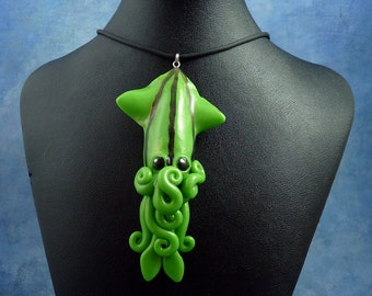 Green Squid Necklace, Handmade Polymer Clay Jewelry