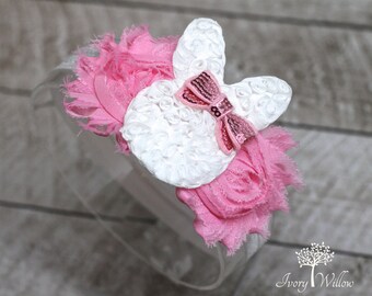 Easter Headband - Easter Bunny Headband - Pink Flower Headband - White Bunny Headband - Newborn - Baby - Girl - Adult - Photo Prop