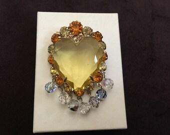 Vintage Crystal Jonquil Heart with Jonquil Yellow and Topaz Rhinestones Brooch 1228