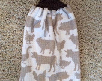 Hanging Kitchen Towel - Cows - Chickens - Roosters - Geese - Pigs - Ducks - Farm - Crochet Top Towel - Double and Reversible