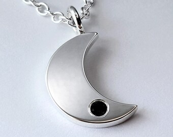 Black Spinel Moon Necklace Pendant in Sterling Silver - Sterling Silver Moon Pendant, Sterling Moon Necklace, Sterling Silver Moon Necklace