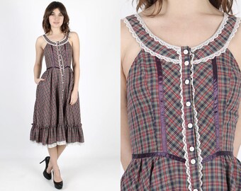 Gunne Sax Dress Prairie Dress Boho Dress Bohemian Dress Renaissance Vintage 70s Dress Navy Plaid Hippie White Floral Lace Midi Mini Dress S