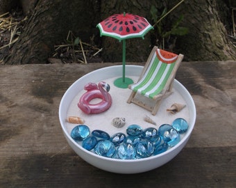Watermelon beach chair , umbrella and pink flamingo flotation device set