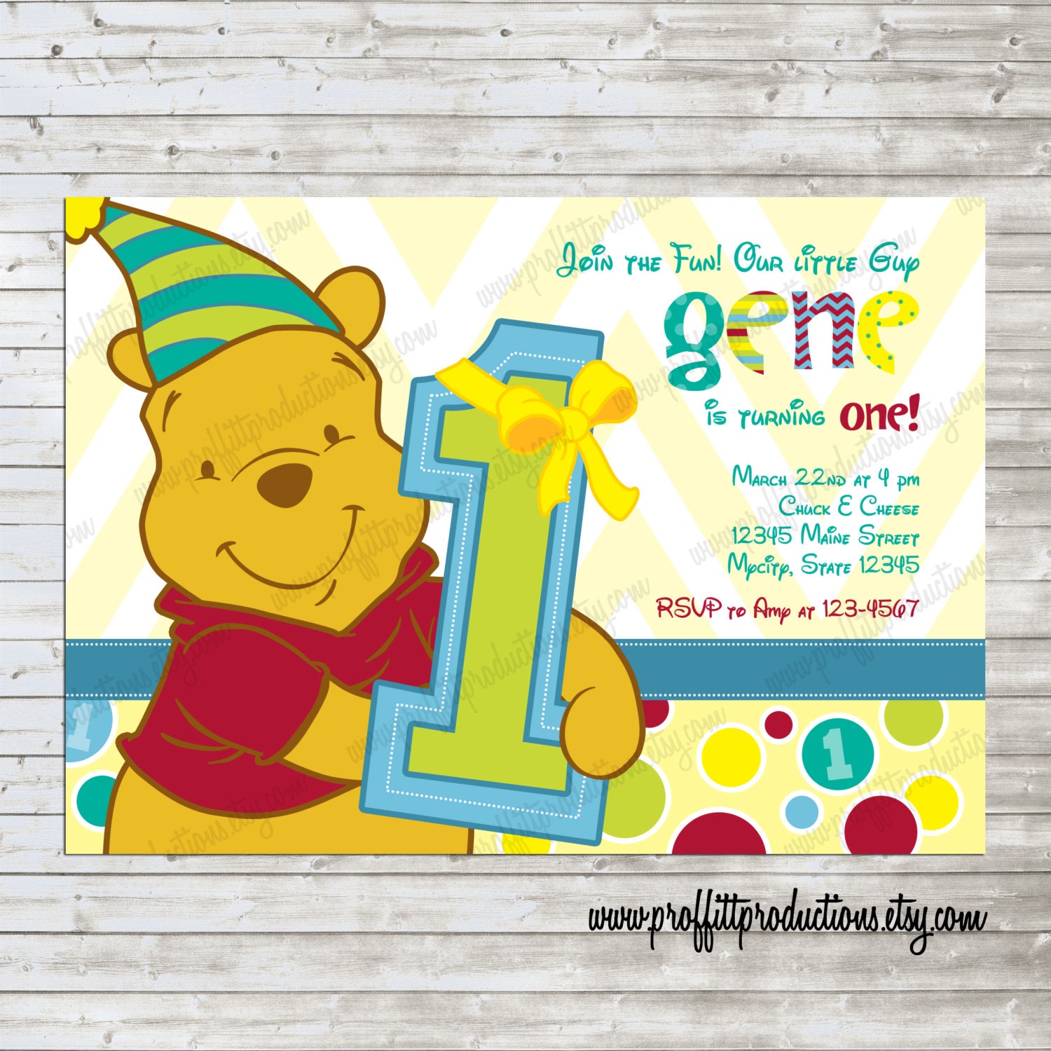 Modern Winnie the Pooh 1st Birthday Invitation girl or boy