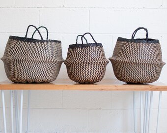 Noir Stripes Seagrass Belly Basket - Rice Baskets - Seagrass Basket - Storage Basket - Plant Basket - ZigZag Basket