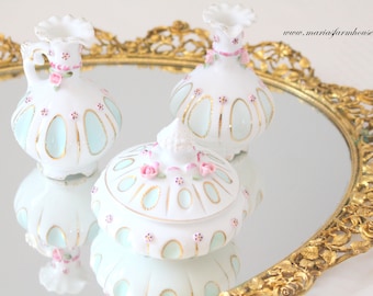 VANITY SET, Porcelain German 4 Piece Vanity Set, Cruets, Trinket Bowl with Lid, Wedding Gift Inspiration, Little Princess Bedroom Decor