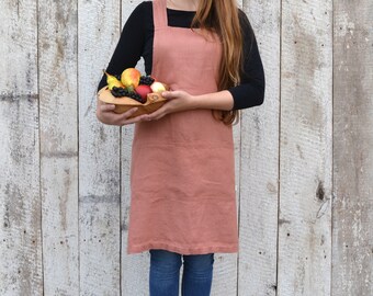 Pinafore linen apron / Japanese apron / Cross back apron / Stonewashed linen / Kitchen apron / Natural gift / Pinafore dress