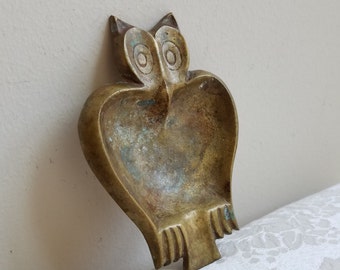 Vintage Brass Owl Ashtray Dish With Patina, Bohemian Modern