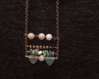 Chunky stone necklace - long - horizontal wire