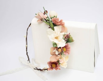 Fall Flower Headpiece \ Brown Beige Wedding Floral Headband Wedding Flower Crown Asymmetric Bridal Floral Crown