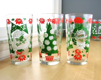 Vintage Happy New Year and Merry Christmas Beverage Set of Six Drinking Glasses
