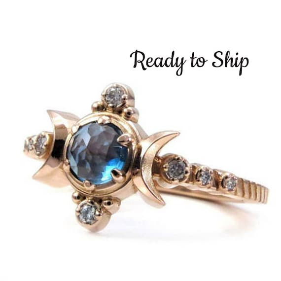 Ready to Ship Size 6-8 - London Blue Topaz Compass Moon Engagement Ring - Rose Gold Jewelry