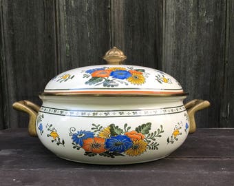 Alta floral Old Amsterdam pattern 4 quart Dutch oven covered casserole brass handles enameled