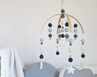 Baby Mobile, Cot Mobile, Nursery Mobile, Baby Boy Mobile, Crib Mobile, Felt Ball Mobile, Pom Pom Mobile, Mint & Grey Mobile for Baby