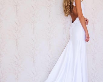 Backless Wedding Dress/ Simple Wedding Dress/ Boho Wedding Dress/ Beach Wedding Dress/ Low back Bridal Dress/ Satin Bridal Gown