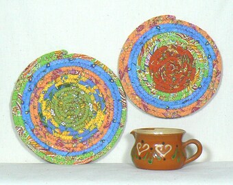 Set of Two Trivets, Hot Pads, Casserole Mats, Mug Rugs, Plant Rugs, Pot Hot Pads, Coiled Hot Pads, Fabric Trivets, Kitchen Trivets