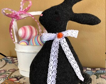 Felted Wool Easter Bunny-Fiberfill Stuffed Wool Easter Rabbit-Recycled Wool Sweater-Easter Decoration-Handmade Bunny-Fabric Bunny-Dark Grey