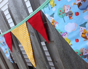 SNOW WHITE DWARFS Fabric Banner Bunting Garland Flags--Snow White and Seven Dwarfs Fabric--Fairy Tale--Hi Ho Hi Ho--Baby Nursery Banner--Fun