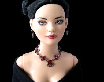 Doll jewelry for Tonner American Model, BJD, and other 22” fashion dolls, Bordeaux Rhinestone by SohoDolls, necklace and earrings