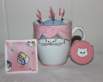 White Cat Mug Wool Felt Pincushion Organic Catnip Cat SacToy and Matching Retractable Tape Measure Set