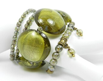 Olive Green Chunky Bracelets Murano Glass Beaded Bracelets