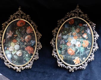 Vintage PAIR Large Italian Brass Frames 13" X 9" Convex Glass