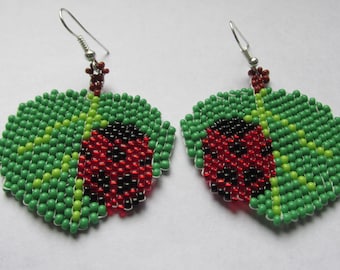 Leaf Ladybug Beaded Earrings