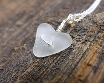 White Sea Glass Heart Pendant
