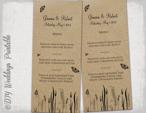 rustic wedding menu template butterfly meadow printable