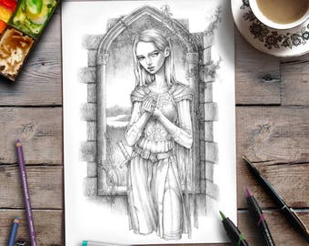 Coloring For Adults Fairytale Illustration Grayscale Page