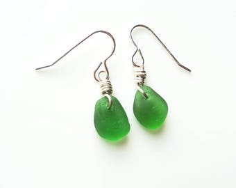 Seaham Sea Glass hook earrings of Bright Green drops suspended from Sterling Silver hooks - E1779 - from Seaham, UK