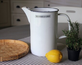 White Enamelware Pitcher . Dutch Typography . Modern Farmhouse Kitchen . Fixer Upper Decor . Cottage Decor . European Enamel Ware