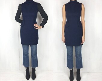 1970s Navy High Neck Sleeveless Mini Dress