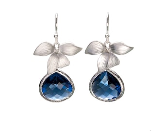 Sapphire Orchid Earrings, Flower Earrings, Wedding Jewelry, Bride Earrings, Bridesmaid Jewelry, Mother's Day