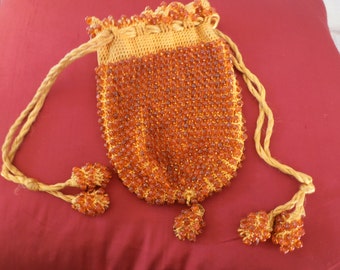 Antique Vintage Beaded Handbag Amber Beads Reticule Purse Crochet