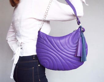 Purple quilted leather bag. Small leather shoulder bag. Tassel embossed leather purse purple.