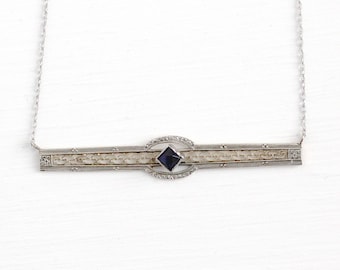 Simulated Sapphire Necklace - Antique 10k White Gold Yellow Gold Bar Pin Conversion Pendant - Vintage Art Deco 1920s Filigree Fine Jewelry