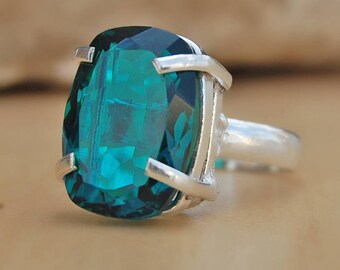 Dioptase quartz Ring, cushion cut Dioptase quartz sterling silver ring, Dioptase quartz Solid silver ring Jewelry